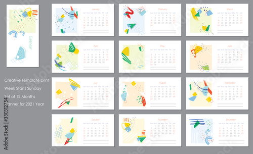 2021 trendy calendar design. Editable calender page template.Abstract artistic vector illustration.Cute printable template with geometric elements