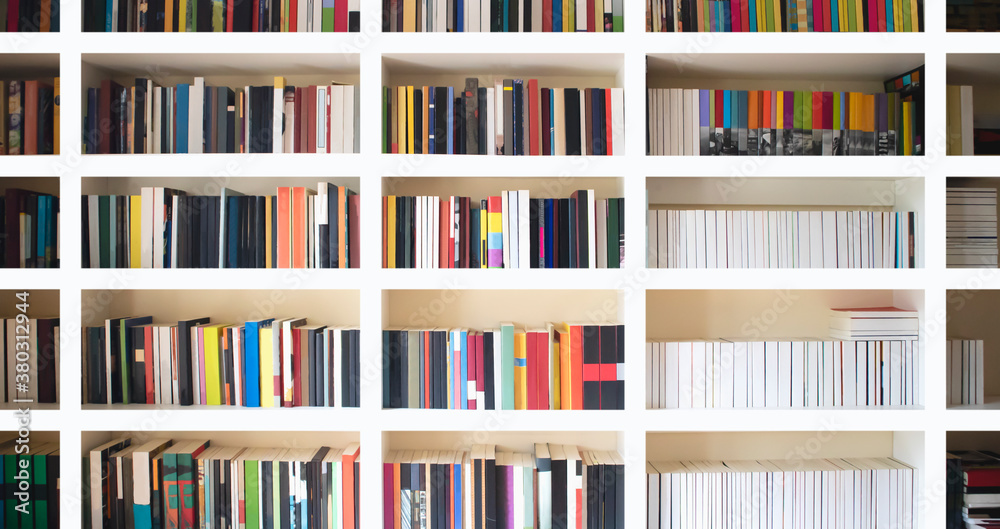 Home library wall. Clean and modern decoration background. Organized neat bookshelf room. Home library wall. Clean and modern decoration background. Organized neat bookshelf room.