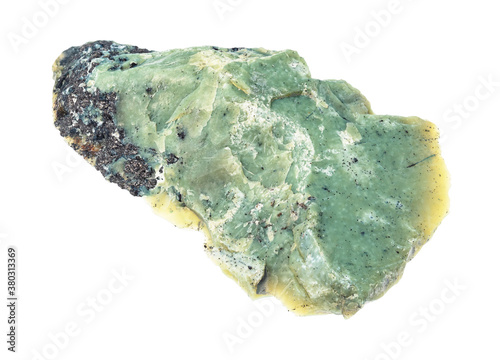 raw Teisky Jade (Hantigyrite, khakassian serpentine) rock from Magnetite, Serpentine, Hematite minerals cutout on white background photo