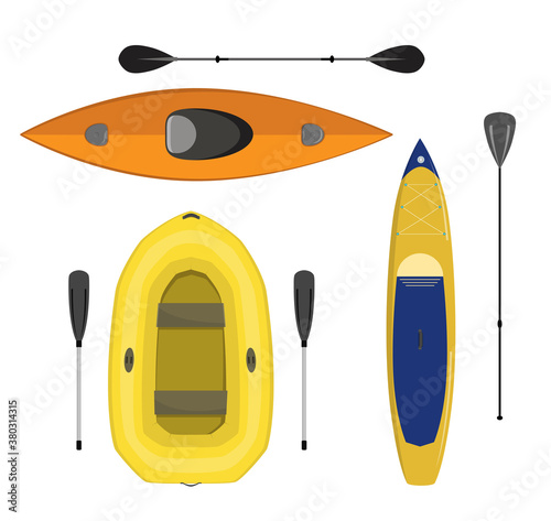 Set of boats for rafting: Paddle board, kayak and inflatable boat isolated illustration.
