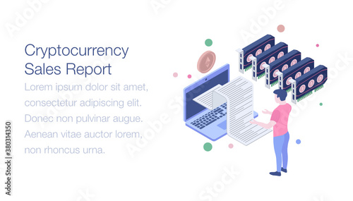 
Isometric illustration of cryptocurrency sales report 
