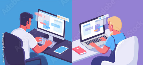 Young people online communication. Isometric colorful cartoon illustration.