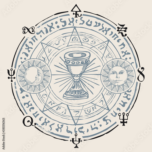 Holy Grail with the Sun, Moon, alchemical and Masonic symbols. Vector hand-drawn banner in retro style on the theme of mysticism, magic, religion with cryptic esoteric signs written in a circle
