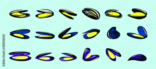 set of seafood mussel, ocean delicacy food cartoon icon design template with various models. vector illustration isolated on blue background