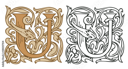 Initial letter U with vintage Baroque decorations. Two vector uppercase letters U in beige and black-white colors. Beautiful filigree capital letter to use for monogram, logo, emblem, card, invitation