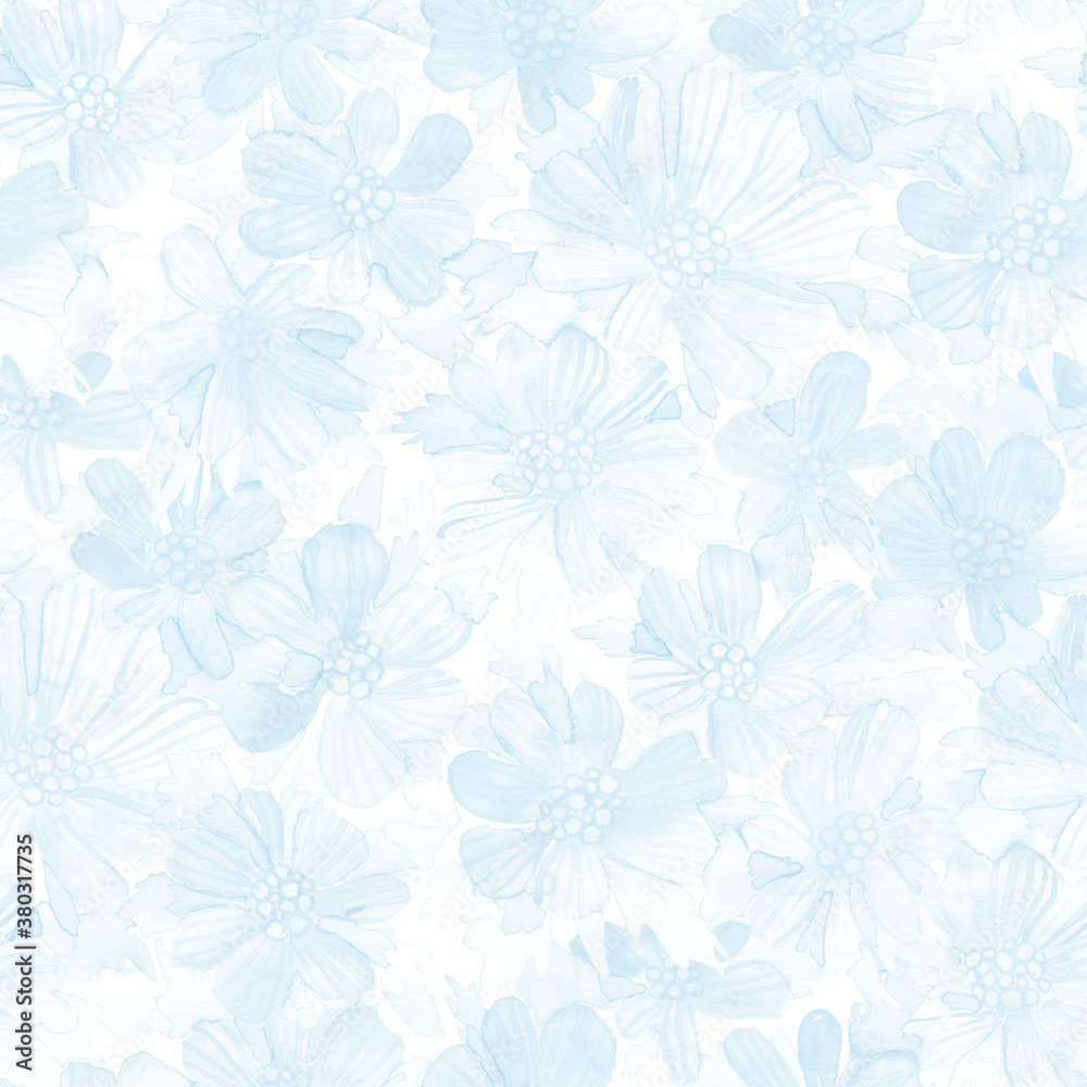 Watercolor wild light blue cosmos flowers seamless pattern. Hand painted raster texture.