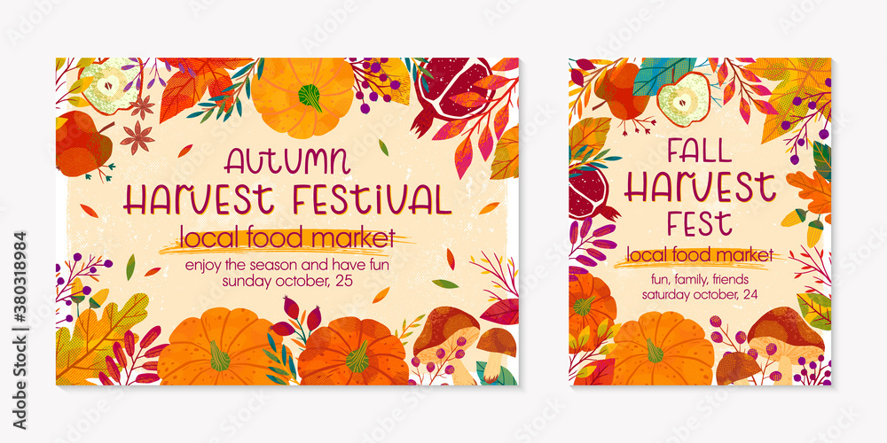 Bundle of autumn harvest fest banners with pumpkins,mushrooms,eggplant,apple,zucchini,tomatoes,corn,beet,berries and floral elements.Local food fest design.Agricultural fair.Harvest season.