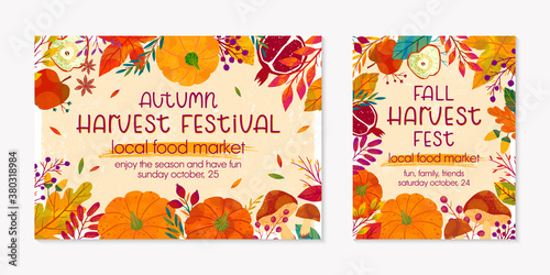 Bundle of autumn harvest fest banners with pumpkins,mushrooms,eggplant,apple,zucchini,tomatoes,corn,beet,berries and floral elements.Local food fest design.Agricultural fair.Harvest season.