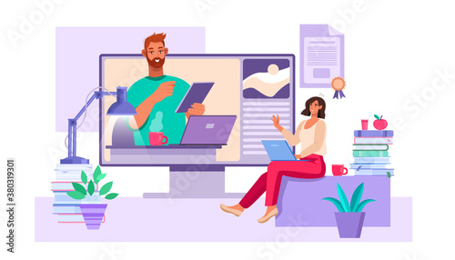 Online education and webinar concept with tutor, young student, laptop, books, diploma. Virtual meeting or training illustration with teacher and woman working at home. Online education flat banner