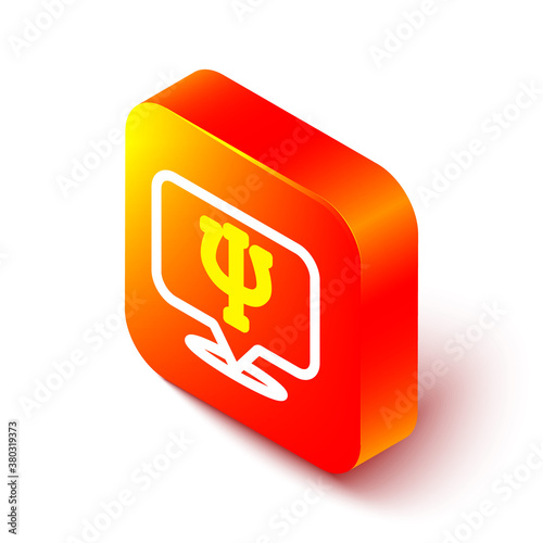 Isometric line Psychology icon isolated on white background. Psi symbol. Mental health concept, psychoanalysis analysis and psychotherapy. Orange square button. Vector.
