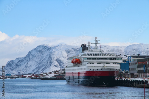 Coastal passenger ship arrives at Bronnoysund port in northern Norway	