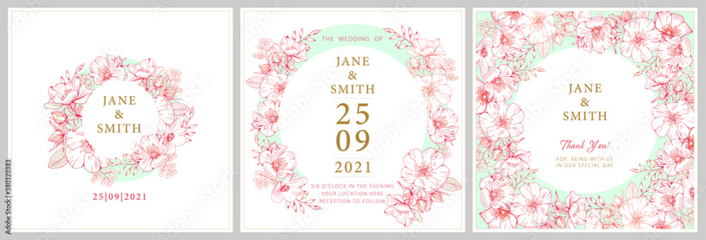 Wedding invitation template consists of three cards with pink flowers and leaves in a light blue circle, drawing with a line of flowers on a pale blue Wedding invitation template consists of three cards with pink flowers and leaves in a light blue circle, drawing with a line of flowers on a pale blue