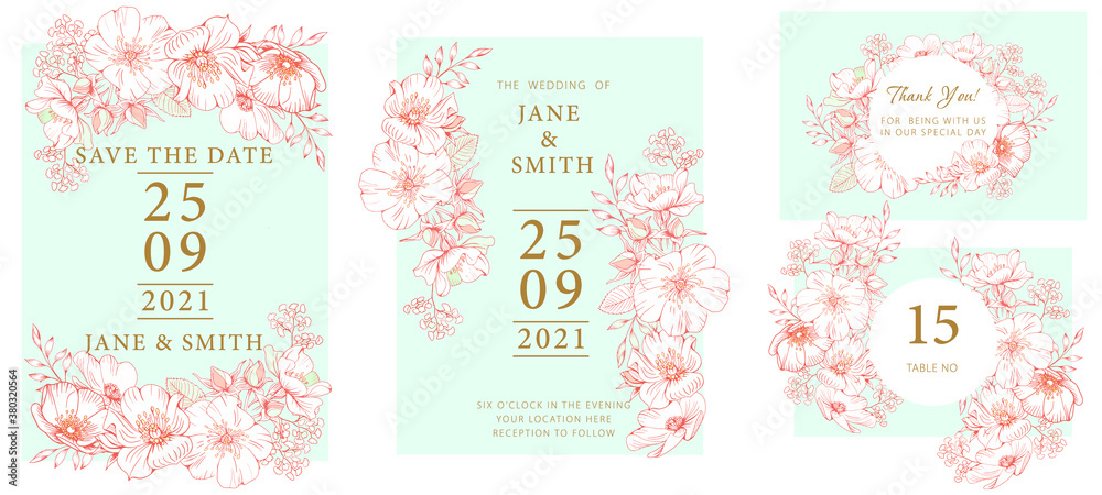 Wedding invitation template consists of three cards with pink flowers and leaves in a light blue circle, drawing with a line of flowers on a pale blue 