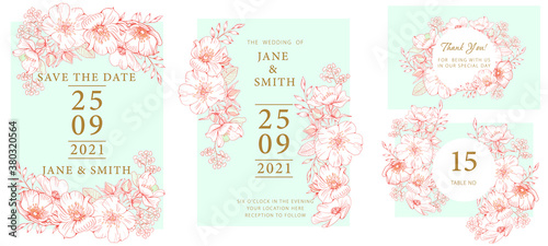 Wedding invitation template consists of three cards with pink flowers and leaves in a light blue circle, drawing with a line of flowers on a pale blue 