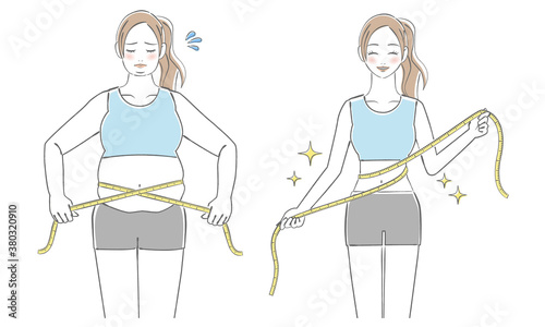 メジャーでウエストを測る若い女性のイラスト　before　after