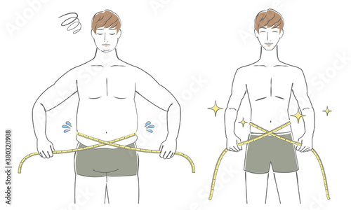 メジャーでウエストを測る若い男性のイラスト　before　after