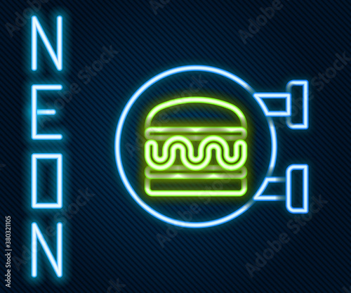 Glowing neon line Online ordering and burger delivery icon isolated on black background. Colorful outline concept. Vector.