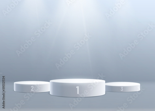3d podium vector background with light from above. Realistic backdrop with three round pedestal corresponds to the first, second and third place. Numeric designation. Copy space at the top and bottom