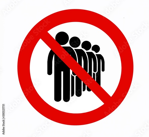 No public gatherings sign, keep social distancing. A maximum of three people are allowed to enter. Prohibition sign with people silhouette in a row.