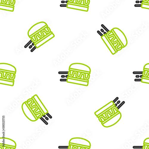 Line Online ordering and burger delivery icon isolated seamless pattern on white background. Vector.