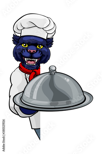 A panther chef mascot cartoon character holding a silver platter cloche dome of food peeking round a sign