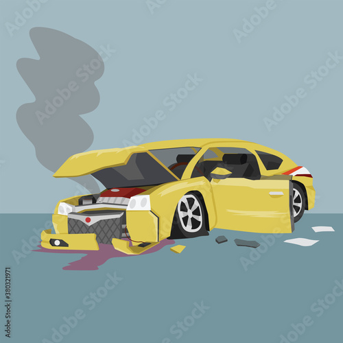 Yellow sedan car was severely damaged. Windows were broken.  Bonnet was distorted. Front wheels folded and the front bumper had broken apart. Unable to drive further. Smoke escaped from the car.