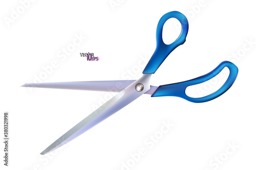 Realistic open metal scissor with blue plastic handles isolated on white background. Professional cutting tool with closed blades, for tailors and barbers, hobby and craft. Vector illustration.