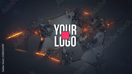 Explosion and flying debris, fire and sparks. Template for your logo or text. All basic elements are on separate layers for easy handling. You can easily replace the text with your logo. Vector
