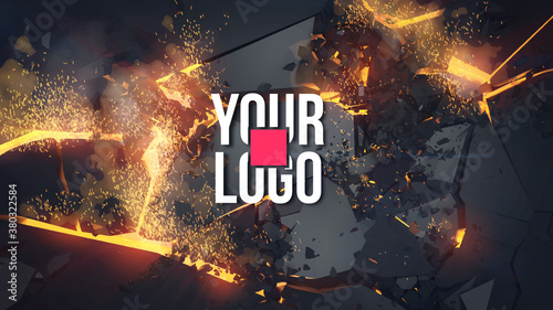Explosion and flying debris, fire and sparks. Template for your logo or text. All basic elements are on separate layers for easy handling. You can easily replace the text with your logo. Vector