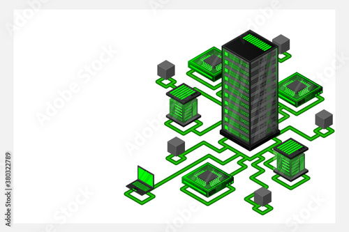 Concept of data network management .Vector isometric map with business networking servers computers and devices.Cloud storage data and synchronization of devices. 3d isometric style