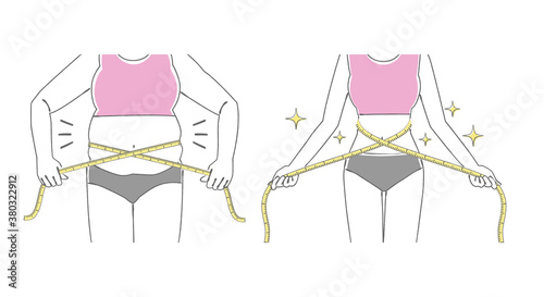 メジャーでウエストを図る女性の腹部のイラスト　before　after