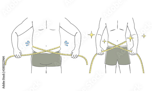 メジャーでウエストを図る男性の腹部のイラスト　before　after