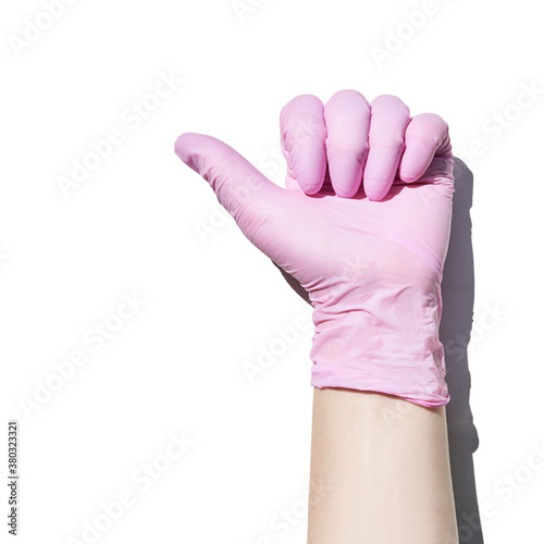 Hand in gloves holding test tube. Medical equipment. Hospital or clinic doctor arm. Healthcare science concept. White isolated background. Pink color. Empty sample. Copyspace. DNA analyze research