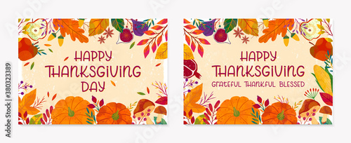 Thanksgiving banners with leaves and floral elements in fall colors.Greetings cards perfect for prints; flyers; posters; invitations.Trendy fall designs.Vector autumn illustrations