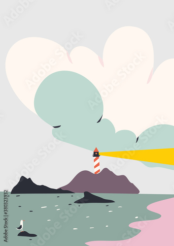 Beautiful landscape with lighthouse  sea  clouds and seagull. Flat vector illustration.