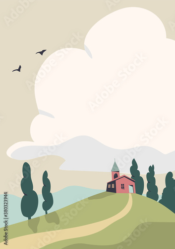 Beautiful landscape with house  trees  berds. Flat vector illustration.
