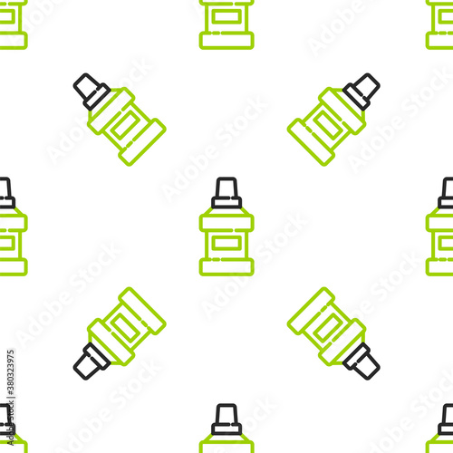Line Mouthwash plastic bottle icon isolated seamless pattern on white background. Liquid for rinsing mouth. Oralcare equipment. Vector.