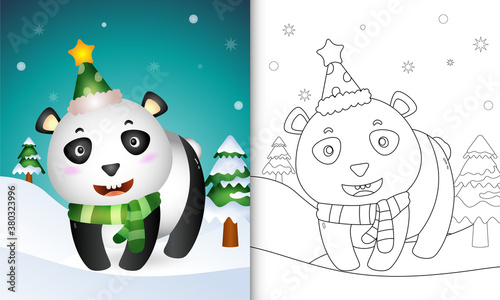 coloring book with a cute panda christmas characters collection with a hat and scarf