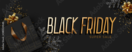 Black Friday Sale. Realistic Shopping Bag with handles, black gift box with gold fluffy bows. Poster, banner for advertising and branding. Cover and brochure. header for website, vector illustration.