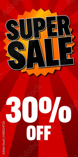 Super Sale poster, banner on red background. 30% off. Vector illustration.