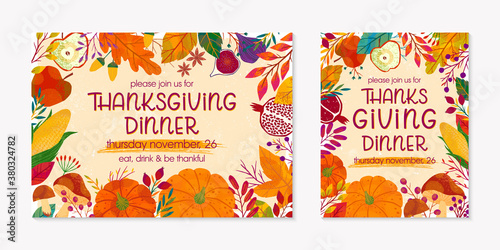 Bundle of Thanksgiving dinner templates with pumpkins,mushrooms,corn,apples,figs,wheat,plants,leaves,berries and floral elements.Holiday invitations design.Trendy autumn vector illustrations.