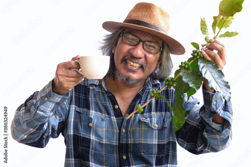 Asian farmers hold branches of coffee with immature green cherries and a white coffee cup in the other hand on white background, with clipping path