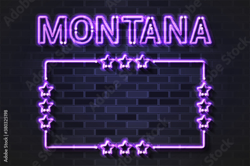 Montana US State glowing violet neon letters and starred frame on a black brick wall
