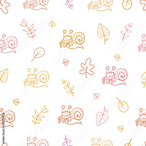 Autumn seamless pattern with cute cartoon snails and leaves. Leaf fall and funny animals. Vector contour image.