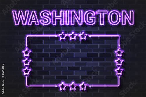 Washington US State glowing violet neon letters and starred frame on a black brick wall