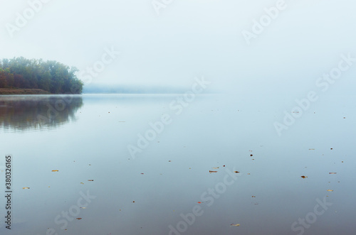 fall leaves scattered on a calm river photo