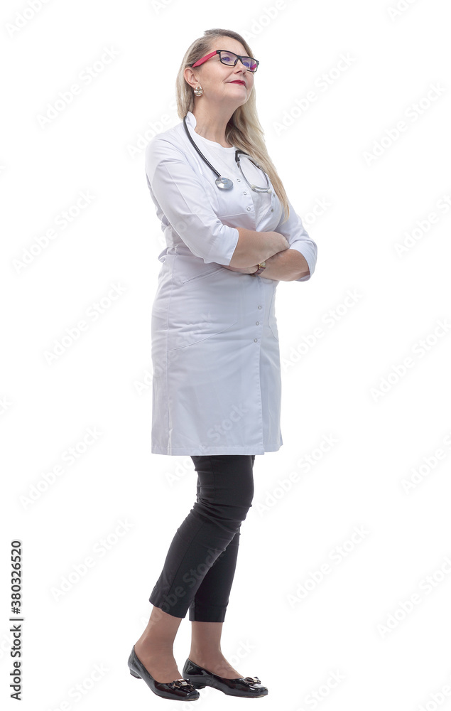 in full growth. smiling female paramedic with a stethoscope. in full growth. smiling female paramedic with a stethoscope.