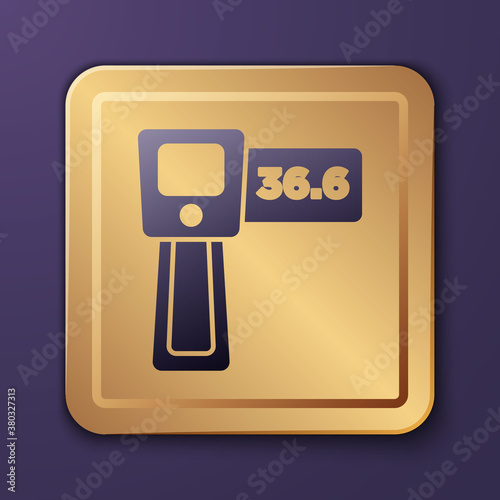 Purple Digital contactless thermometer with infrared light icon isolated on purple background. Gold square button. Vector.