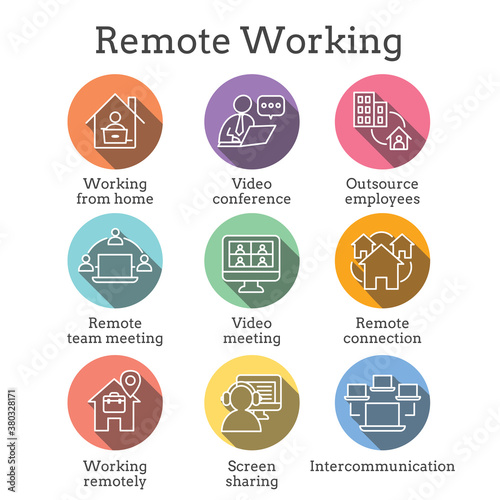 Remote work icon set with work from home, video meetings, etc