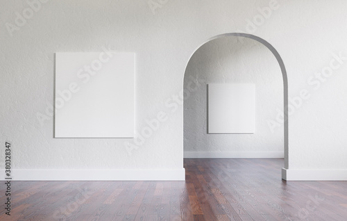 Big  empty interior with large mock-up canvases and circular arc entrance to another space. Minimalistic style with full of empty space. Shallow depth of field. 3D render illustration.